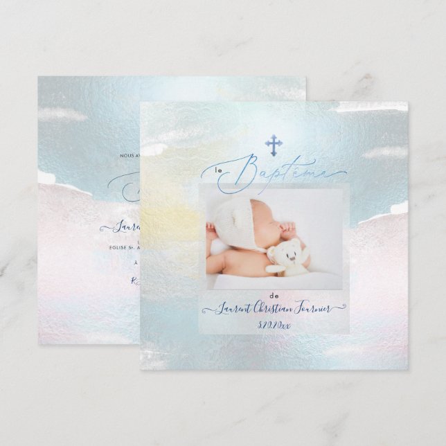 Invitation PixDezines Aquarelle Brush Stroke, Garçon Baptême (Devant / Derrière)