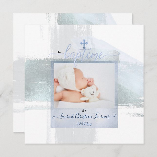 Invitation PixDezines Aquarelle Brush Stroke, Garçon Baptême (Devant / Derrière)
