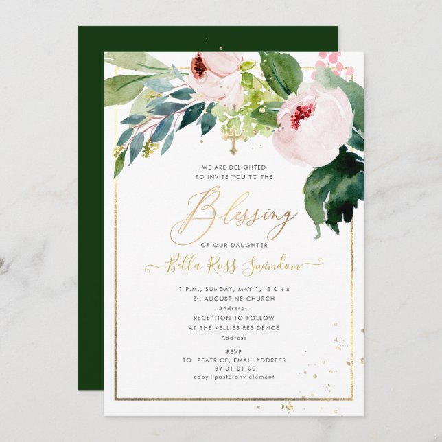 Invitation PixDezines Aquarelle Delicate Baptême de Fleur Ble (Devant / Derrière)