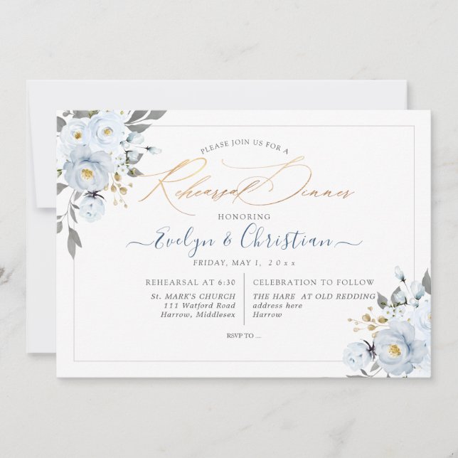 Invitation PixDezines Aquarelle Dusty Blue Roses (Devant)
