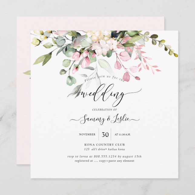 Invitation PixDezines Aquarelle Dusty Blush Eucalyptus Rose (Devant / Derrière)