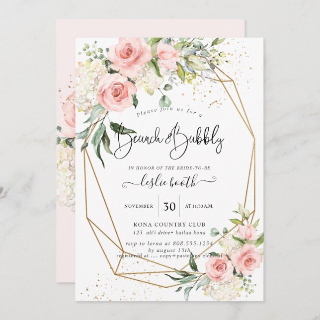 Invitation PixDezines Aquarelle Dusty Rose Brunch+Bubbly (Devant / Derrière)