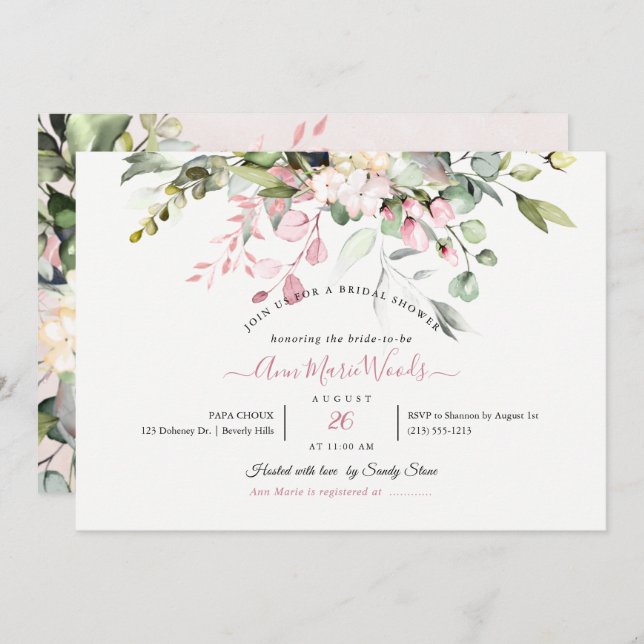Invitation PixDezines Aquarelle Dusty rose Eucalyptus nuptial (Devant / Derrière)