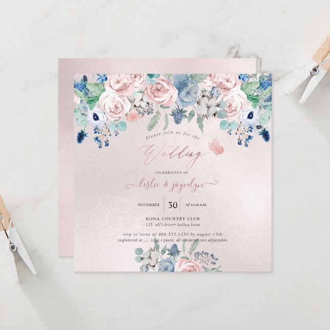 Invitation PixDezines Aquarelle Dusty Rose Mariage bleu marin (Devant/Arrière en situation)