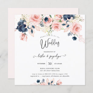 Invitation PixDezines Aquarelle Dusty Rose Mariage bleu marin