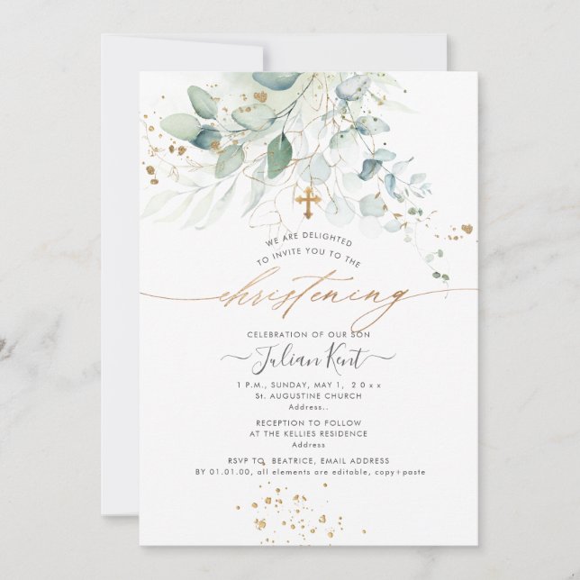 Invitation PixDezines Aquarelle Eucalyptus Christening (Devant)