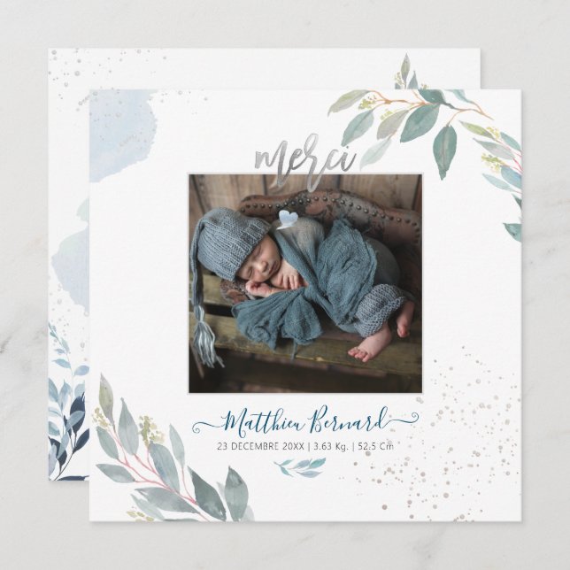 Invitation PixDezines Aquarelle Faire-partie de NaissanceGarç (Devant / Derrière)