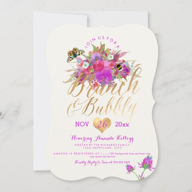 Invitation PixDezines Aquarelle Florale Brunch+Bubbly (Devant)