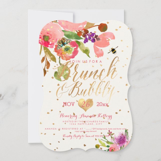 Invitation PixDezines Aquarelle Florale Brunch+Bubbly (Devant)
