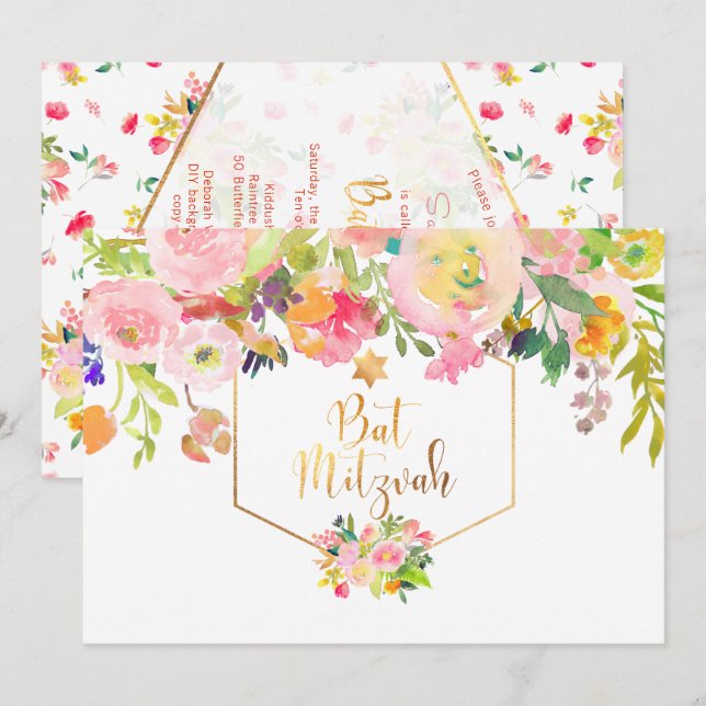 Invitation PixDezines Aquarelle Florale/Peonies/Bat mitzvah (Devant / Derrière)