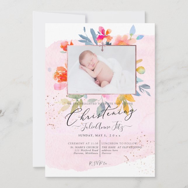 Invitation PixDezines Aquarelle Jardin Rose Christening (Devant)