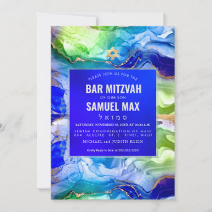 Invitation PixDezines Aquarelle Or+Encre Vert Bleu Mitzvah 
