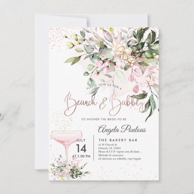 Invitation PixDezines Aquarelle Pink Gum Brunch Bubbly (Devant)
