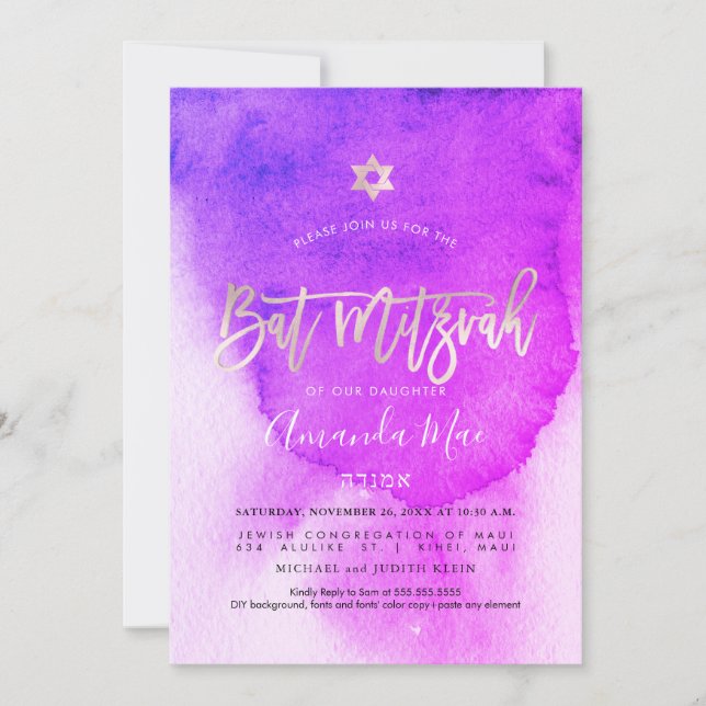 Invitation PixDezines Aquarelle rose+Bat mitzvah Platine (Devant)
