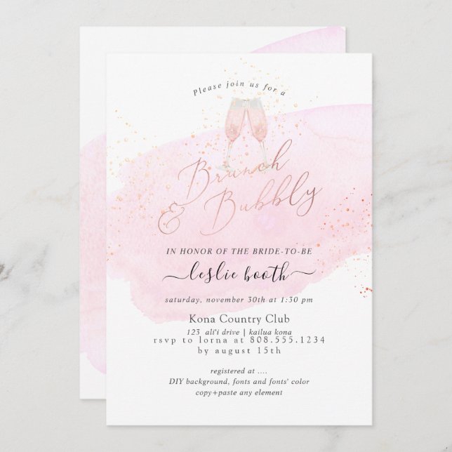 Invitation PixDezines Aquarelle Rose Champagne Brunch Bubbly (Devant / Derrière)
