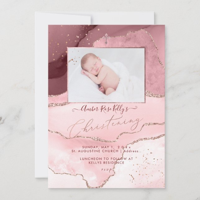 Invitation PixDezines Aquarelle Rose Gold Agate Christening (Devant)