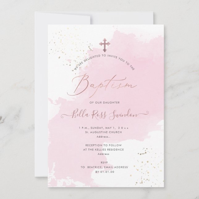 Invitation PixDezines Aquarelle Rose Swatch Baptism (Devant)