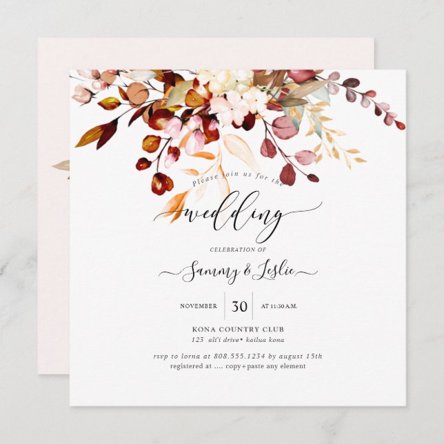 Invitation PixDezines Aquarelle Rouille Orange Gum Eucalyptus (Devant / Derrière)