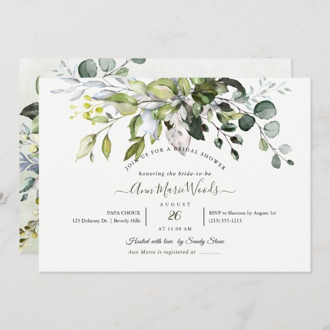 Invitation PixDezines Aquarelle Rustique Eucalyptus Bridal (Devant / Derrière)