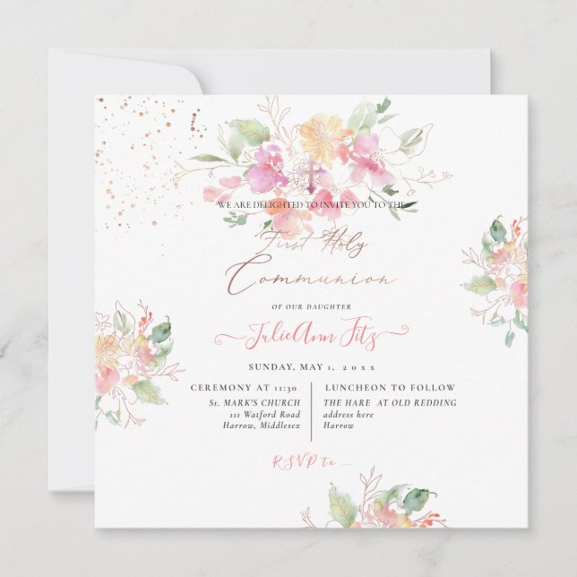 Invitation PixDezines Aquarelle Sweetpeas Sainte Communion (Devant)