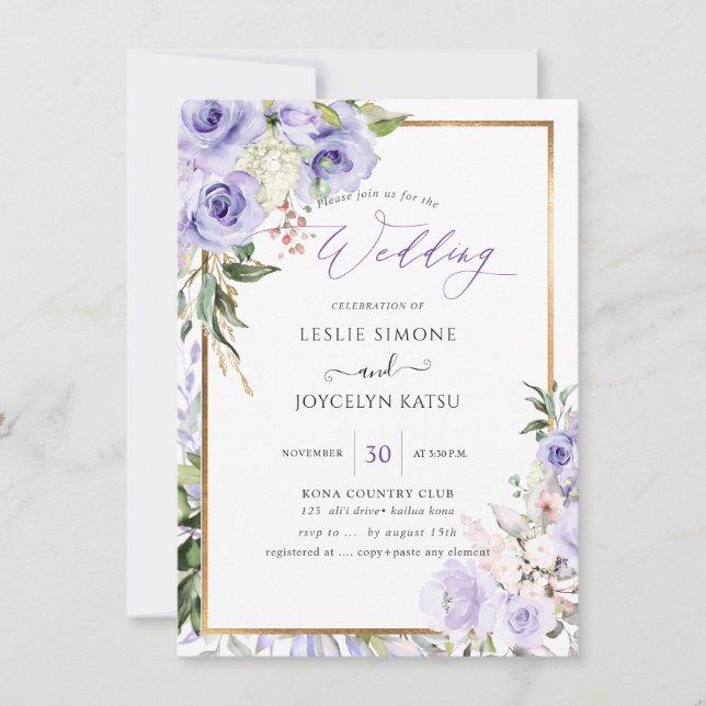 Invitation PixDezines Aquarelle violet Rose Mariage (Devant)