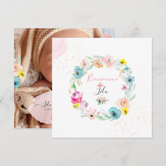 Invitation PixDezines AquarelleFaire-part de Naissance Fille (Devant / Derrière)