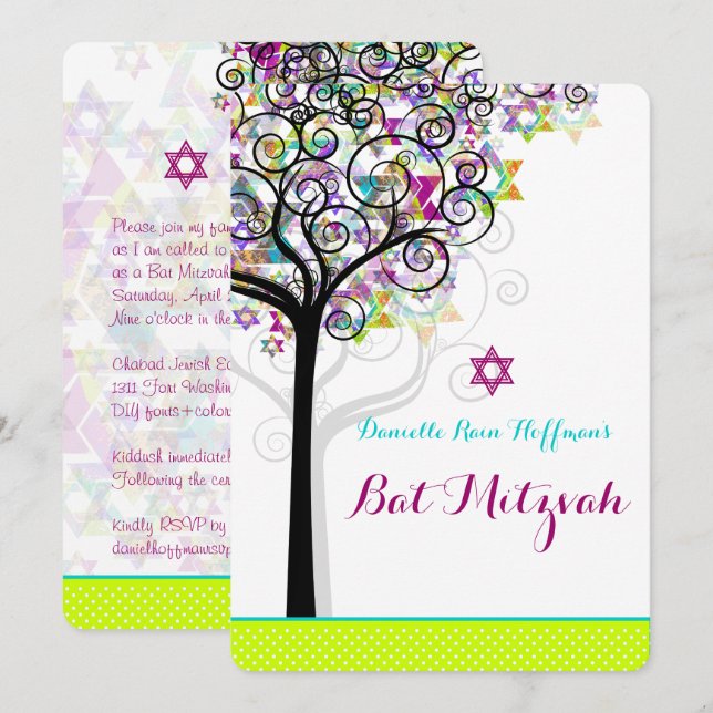 Invitation PixDezines arbre de vie Bat mitzvah/arrière - plan (Devant / Derrière)