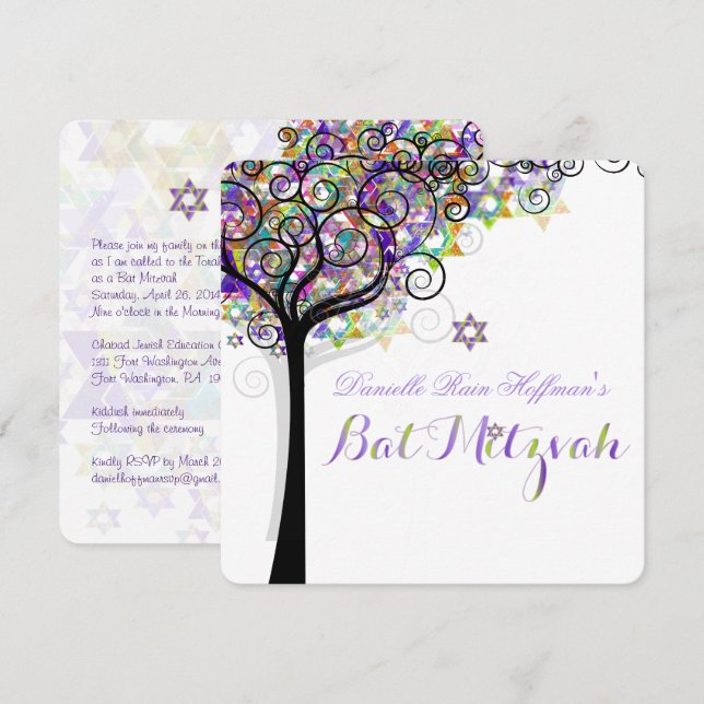 Invitation PixDezines ARBRE DE VIE BAT MITZVAH/PURPLE+PINK (Devant / Derrière)