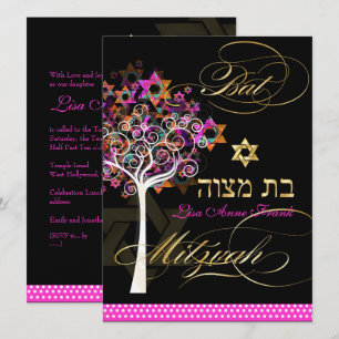 Invitation PixDezines arbre de vie+Étoiles, Bat Mitzvah