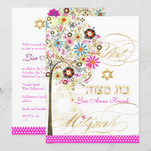 Invitation PixDezines ARBRE DE VIE+FLEURS BAT MITZVAH