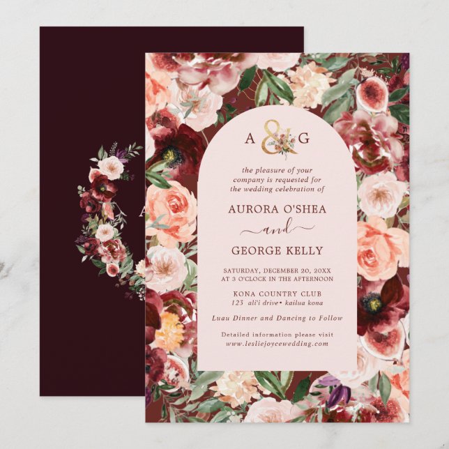 Invitation PixDezines Automne Amour H2 Marsala Fleurs Rouges (Devant / Derrière)
