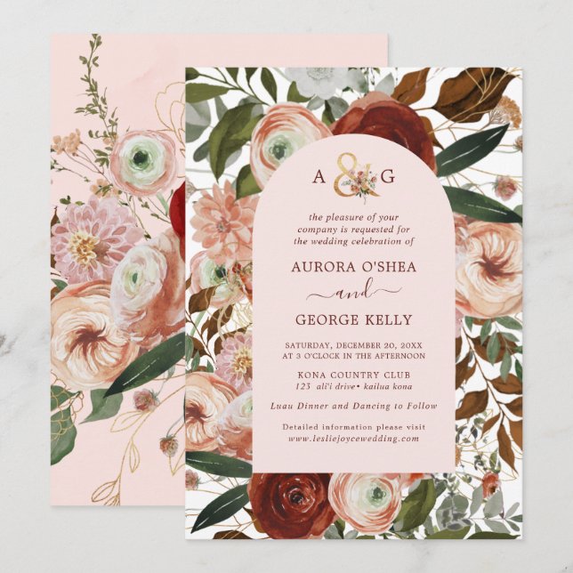 Invitation PixDezines Automne Love H2 Marsala Fleurs rouges I (Devant / Derrière)