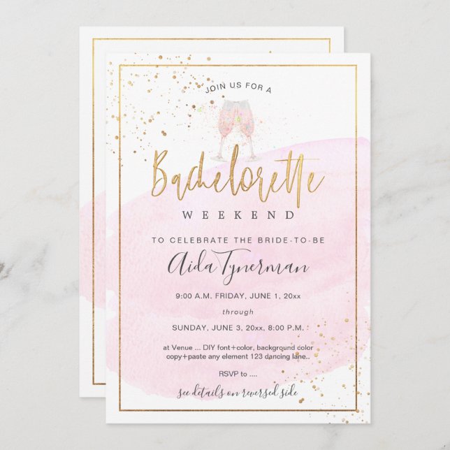 Invitation PixDezines Bachelorette Week-end Aquarelle rose (Devant / Derrière)