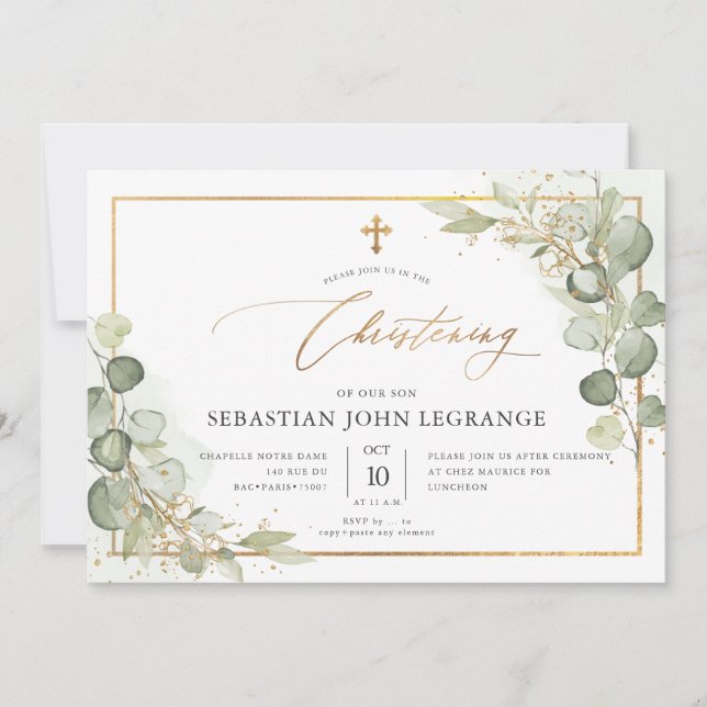 Invitation PixDezines Baptême à l'aquarelle Eucalyptus (Devant)