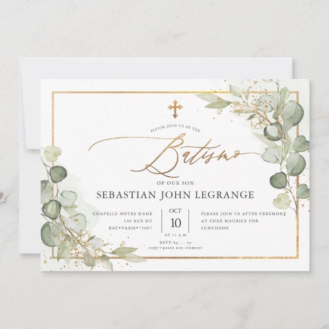 Invitation PixDezines Baptême de eucalyptus rustique à l'aqua (Devant)