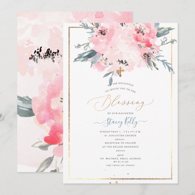 Invitation PixDezines Baptême de pivoines délicates aquarelle (Devant / Derrière)