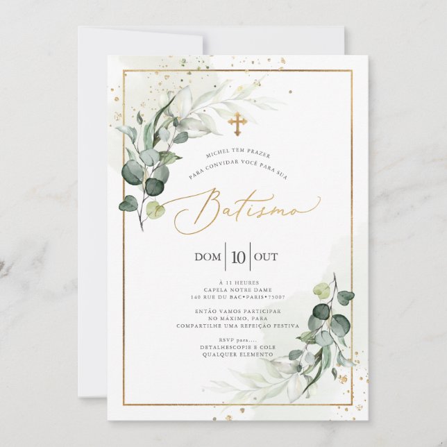 Invitation PixDezines Baptême d'eucalyptus rustique à l'aquar (Devant)