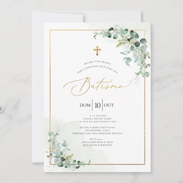 Invitation PixDezines Baptême d'eucalyptus rustique à l'aquar (Devant)