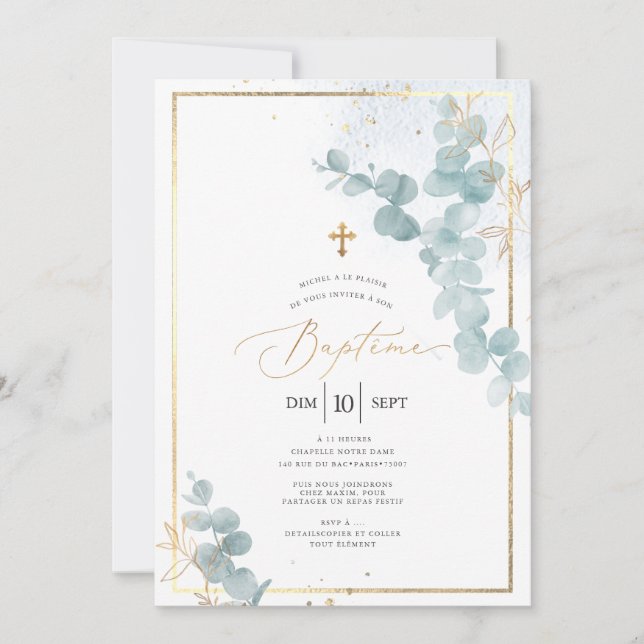 Invitation PixDezines Baptême d'Eucalyptus Rustique Aquarelle (Devant)