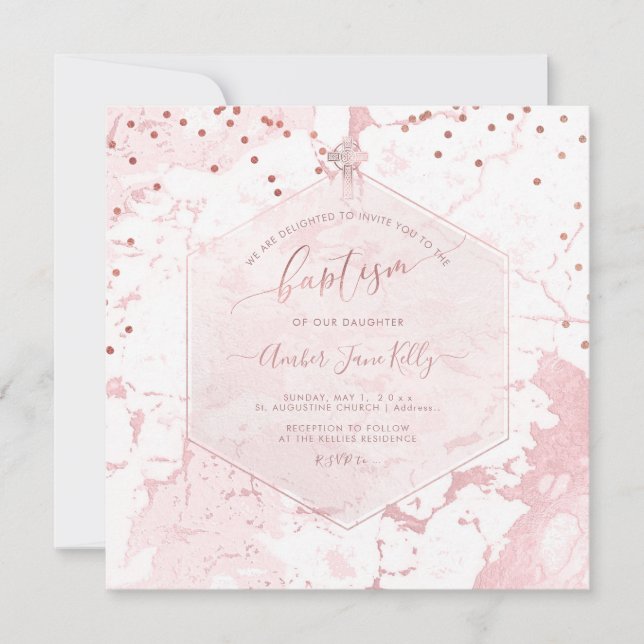 Invitation PixDezines Baptême en marbre rose miel (Devant)