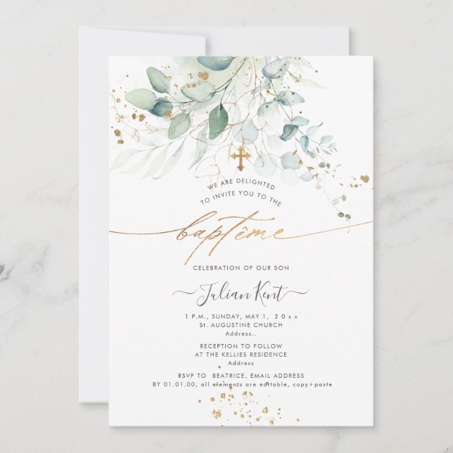 Invitation PixDezines Baptême Eucalyptus Aquarelle (Devant)