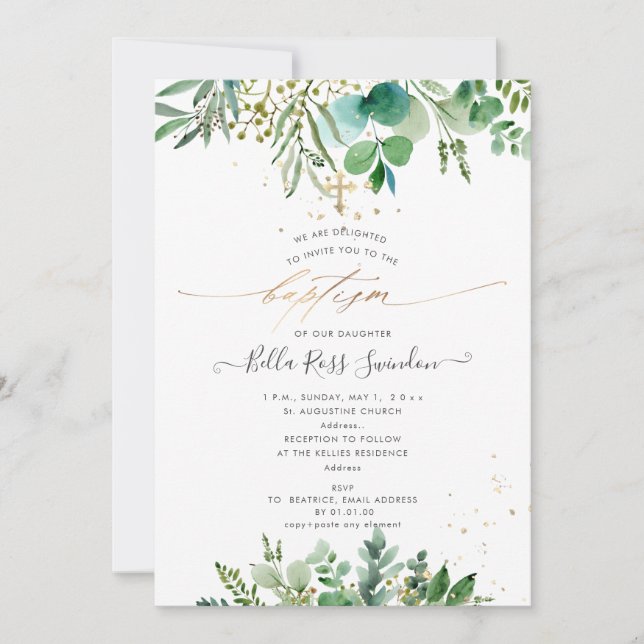 Invitation PixDezines Baptême Eucalyptus Aquarelle Verdure  (Devant)