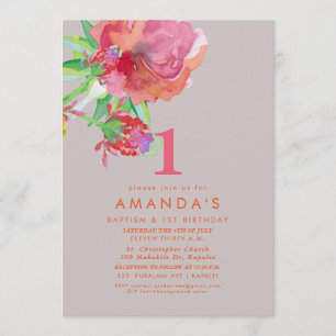 Invitation PixDezines Baptism+ 1er anniversaire Fleurs aquare