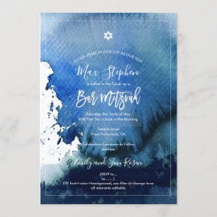 Invitation PixDezines Bar Mitzvah  Aquarelle bleu marine