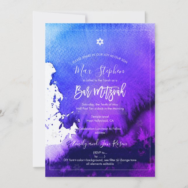 Invitation PixDezines Bar Mitzvah |Aquarelle électrique viole (Dos)