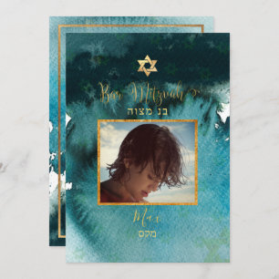 Invitation PixDezines Bar Mitzvah  Aquarelle verte Turquoise