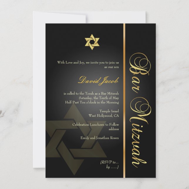 Invitation PixDezines BAR MITZVAH/ÉTOILE DE DAVID/OR+NOIR (Devant)