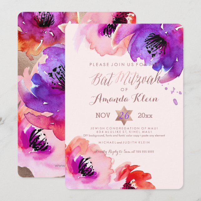 Invitation PixDezines ✡ Bat mitzvah/aquarelle florale (Devant / Derrière)