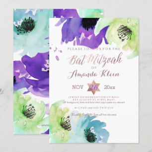 Invitation PixDezines ✡ Bat mitzvah/aquarelle florale