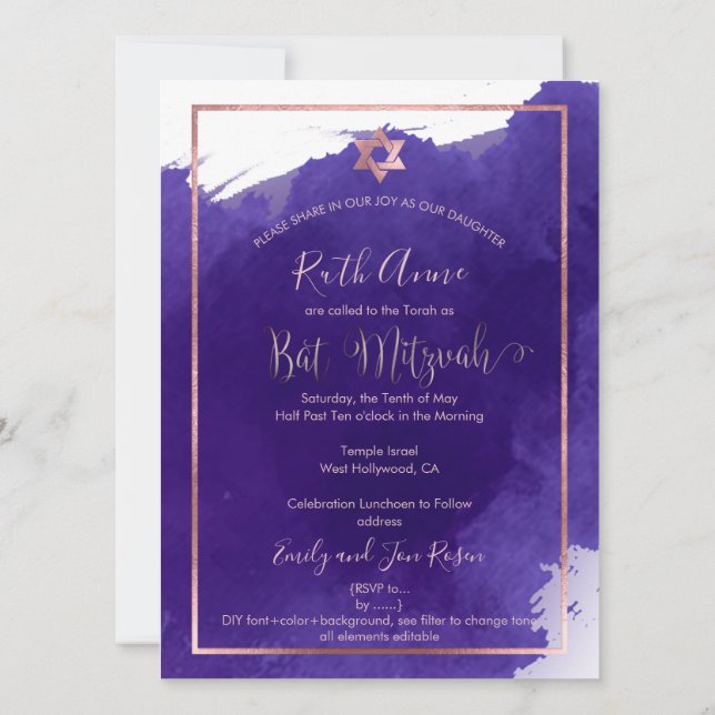 Invitation PixDezines Bat Mitzvah | Aquarelle violette (Dos)